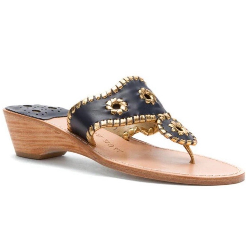 SOLD- Jack Rogers Metallic Mid Wedge Sandal Navy Gold- Size 6